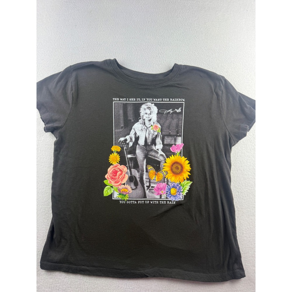 Dolly Parton Rainbow‎ Quote Graphic T-Shirt Black Short Sleeve Cotton Large